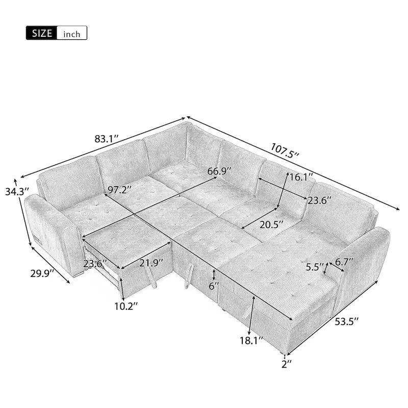 Divano Sezionale a U Grigio/Beige con Letto Estraibile, Contenitore e Ricarica USB, 6+ Posti a Sedere