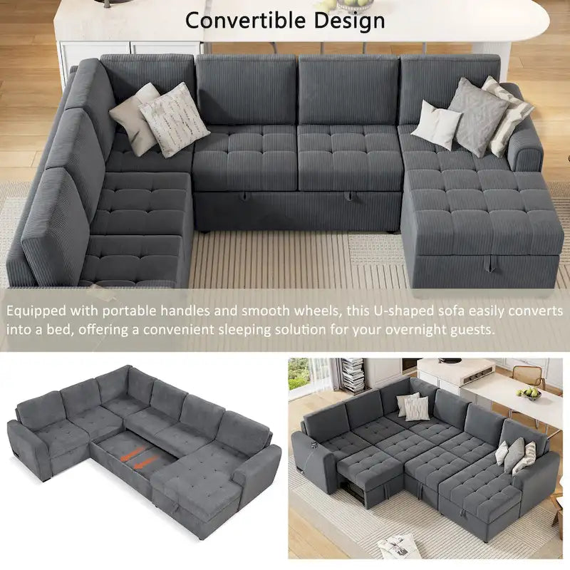 Divano Sezionale a U Grigio/Beige con Letto Estraibile, Contenitore e Ricarica USB, 6+ Posti a Sedere