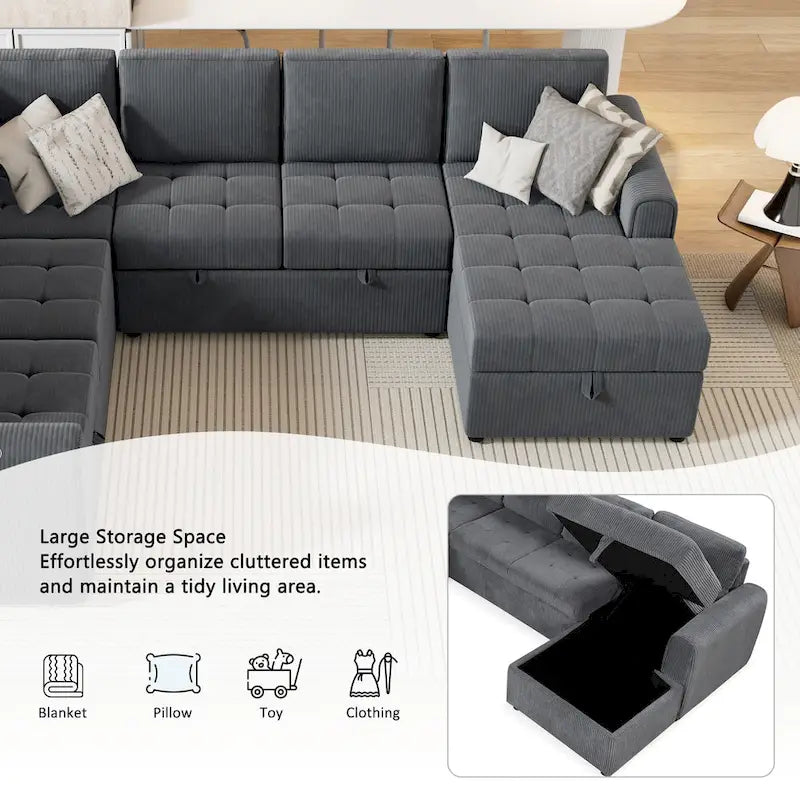 Divano Sezionale a U Grigio/Beige con Letto Estraibile, Contenitore e Ricarica USB, 6+ Posti a Sedere