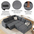 Divano Sezionale a U Grigio/Beige con Letto Estraibile, Contenitore e Ricarica USB, 6+ Posti a Sedere