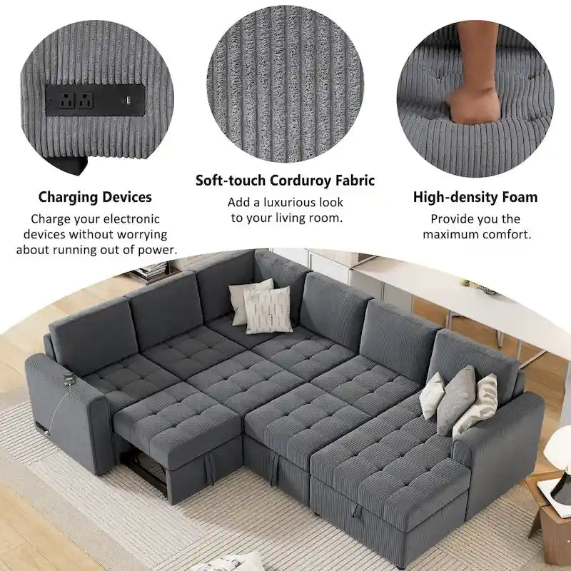 Divano Sezionale a U Grigio/Beige con Letto Estraibile, Contenitore e Ricarica USB, 6+ Posti a Sedere