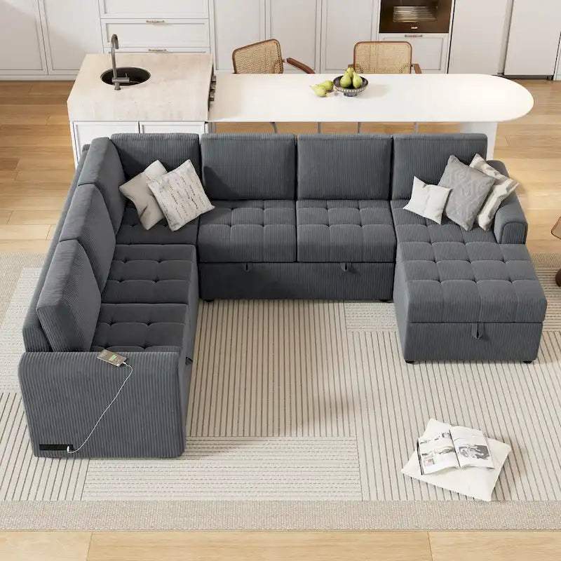 Divano Sezionale a U Grigio/Beige con Letto Estraibile, Contenitore e Ricarica USB, 6+ Posti a Sedere