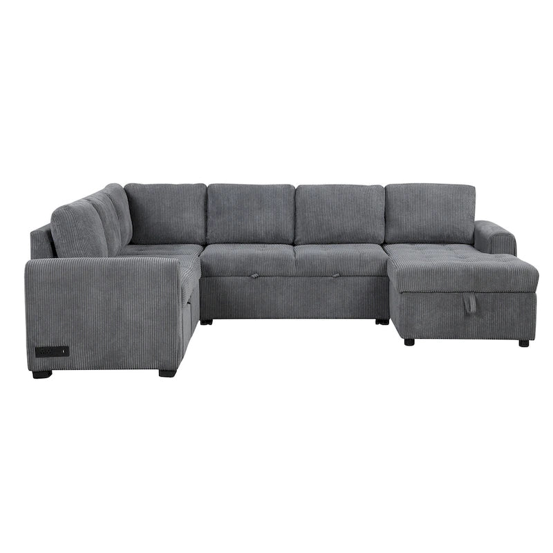 Divano Sezionale a U Grigio/Beige con Letto Estraibile, Contenitore e Ricarica USB, 6+ Posti a Sedere