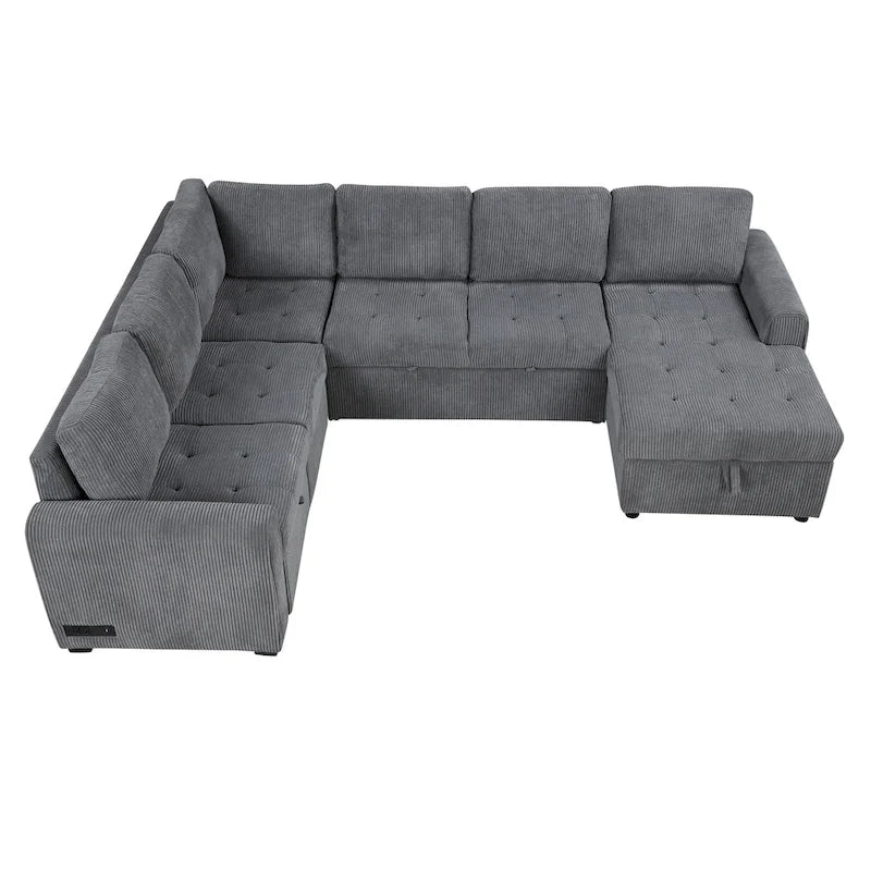 Divano Sezionale a U Grigio/Beige con Letto Estraibile, Contenitore e Ricarica USB, 6+ Posti a Sedere