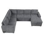 Divano Sezionale a U Grigio/Beige con Letto Estraibile, Contenitore e Ricarica USB, 6+ Posti a Sedere