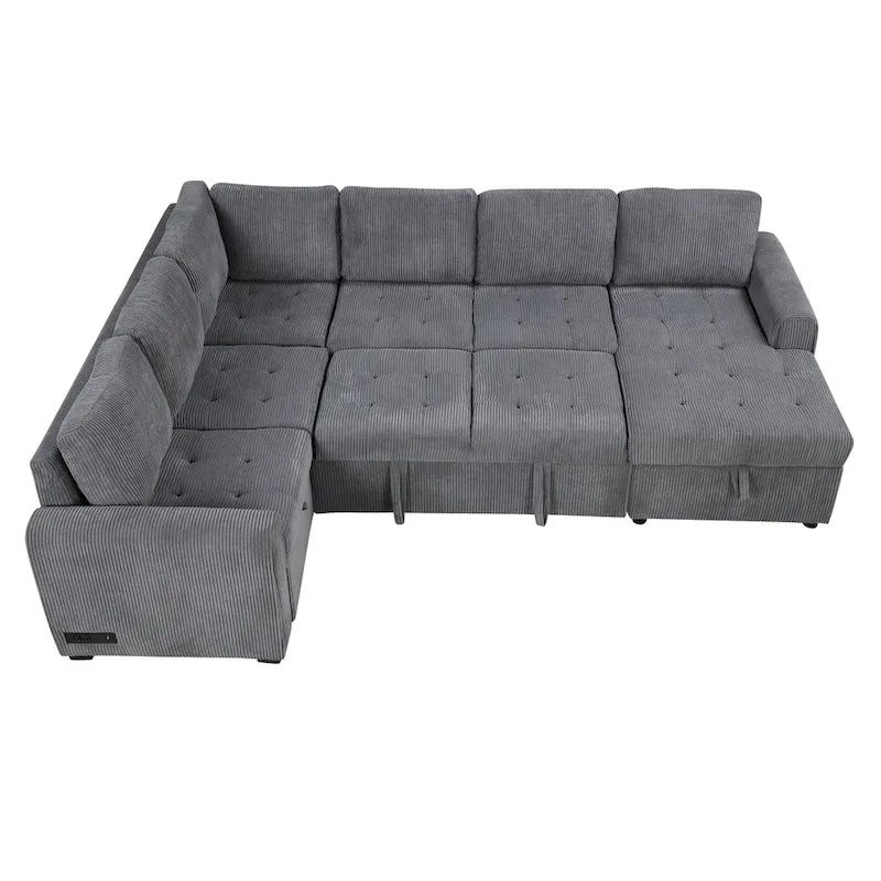 Divano Sezionale a U Grigio/Beige con Letto Estraibile, Contenitore e Ricarica USB, 6+ Posti a Sedere