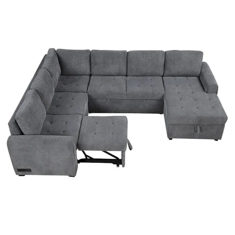 Divano Sezionale a U Grigio/Beige con Letto Estraibile, Contenitore e Ricarica USB, 6+ Posti a Sedere