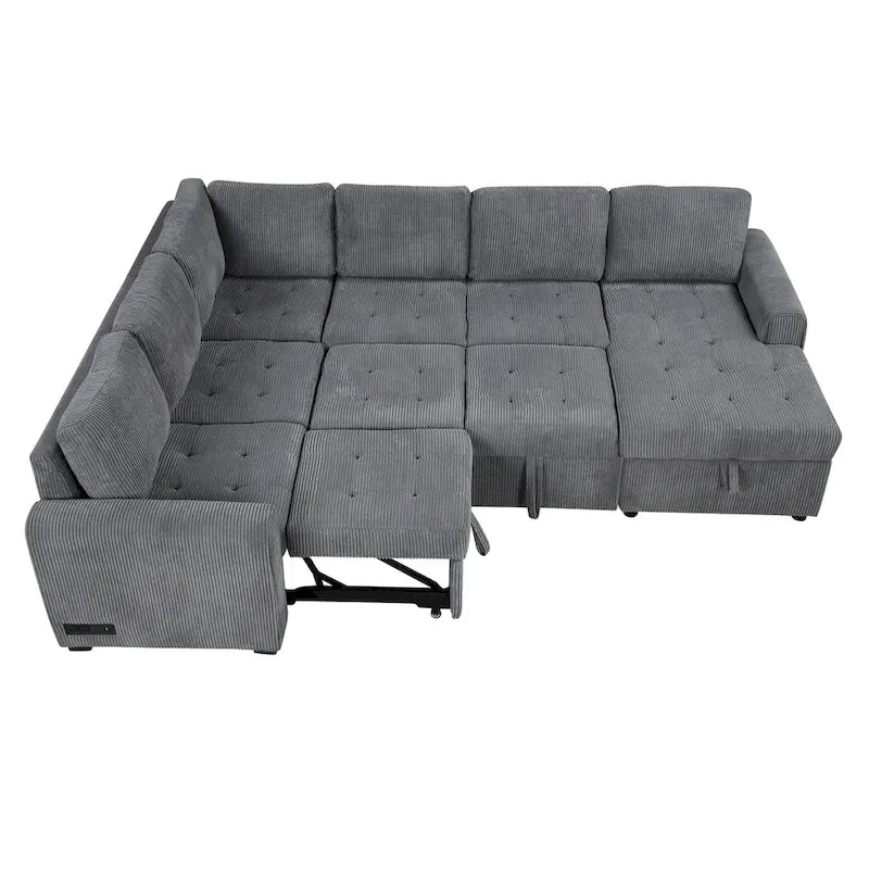 Divano Sezionale a U Grigio/Beige con Letto Estraibile, Contenitore e Ricarica USB, 6+ Posti a Sedere
