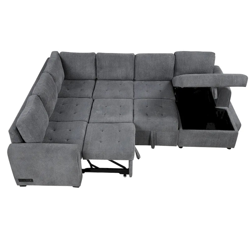 Divano Sezionale a U Grigio/Beige con Letto Estraibile, Contenitore e Ricarica USB, 6+ Posti a Sedere