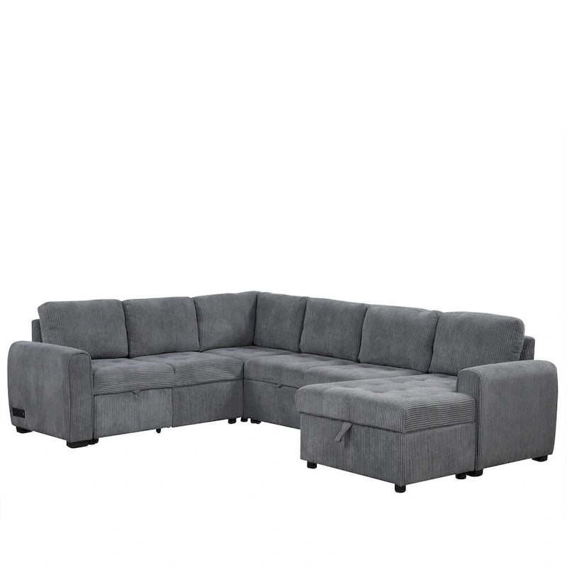 Divano Sezionale a U Grigio/Beige con Letto Estraibile, Contenitore e Ricarica USB, 6+ Posti a Sedere