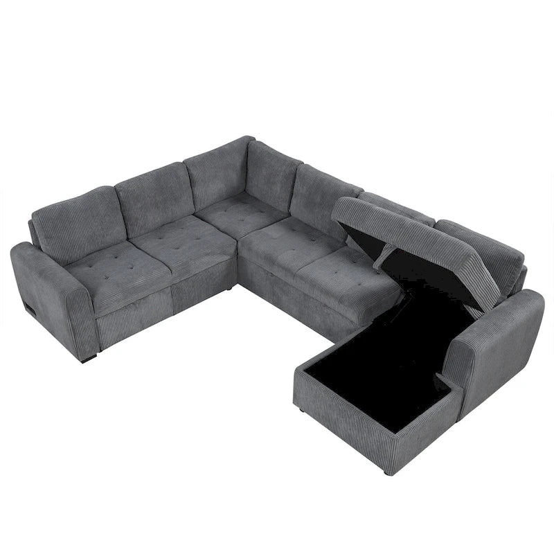 Divano Sezionale a U Grigio/Beige con Letto Estraibile, Contenitore e Ricarica USB, 6+ Posti a Sedere