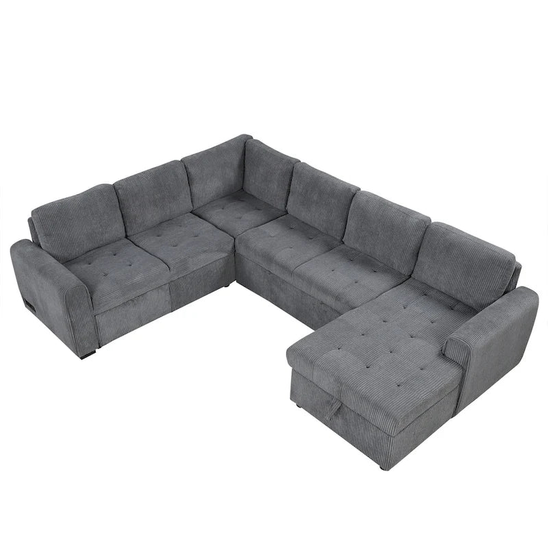 Divano Sezionale a U Grigio/Beige con Letto Estraibile, Contenitore e Ricarica USB, 6+ Posti a Sedere