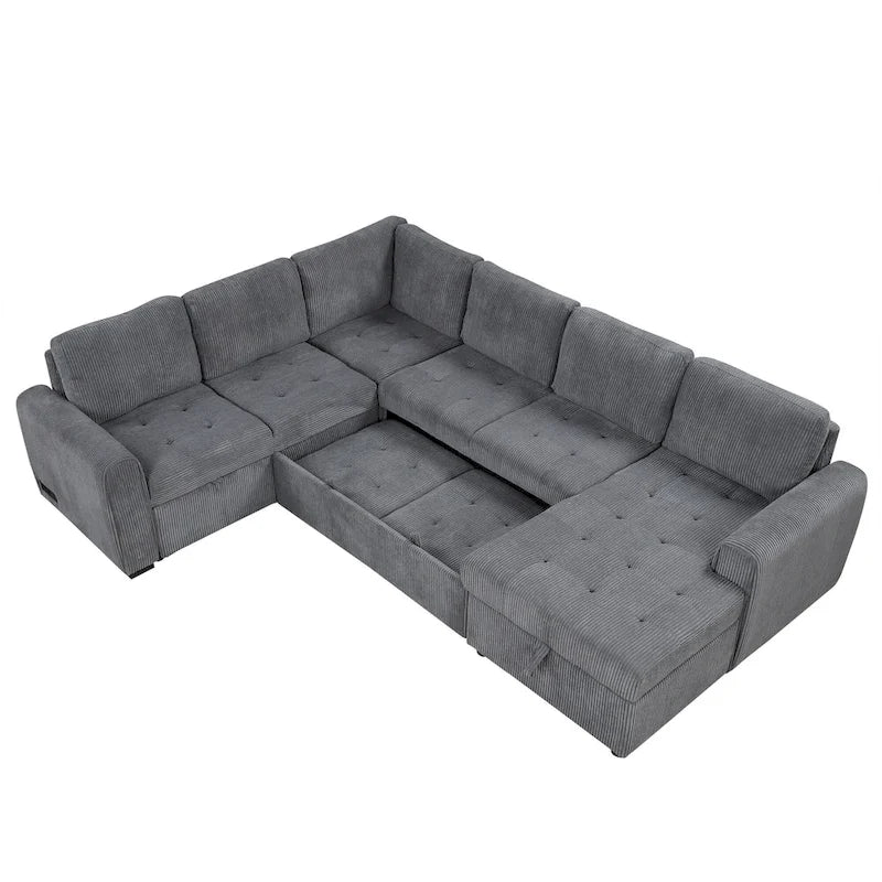 Divano Sezionale a U Grigio/Beige con Letto Estraibile, Contenitore e Ricarica USB, 6+ Posti a Sedere