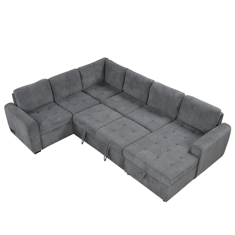 Divano Sezionale a U Grigio/Beige con Letto Estraibile, Contenitore e Ricarica USB, 6+ Posti a Sedere