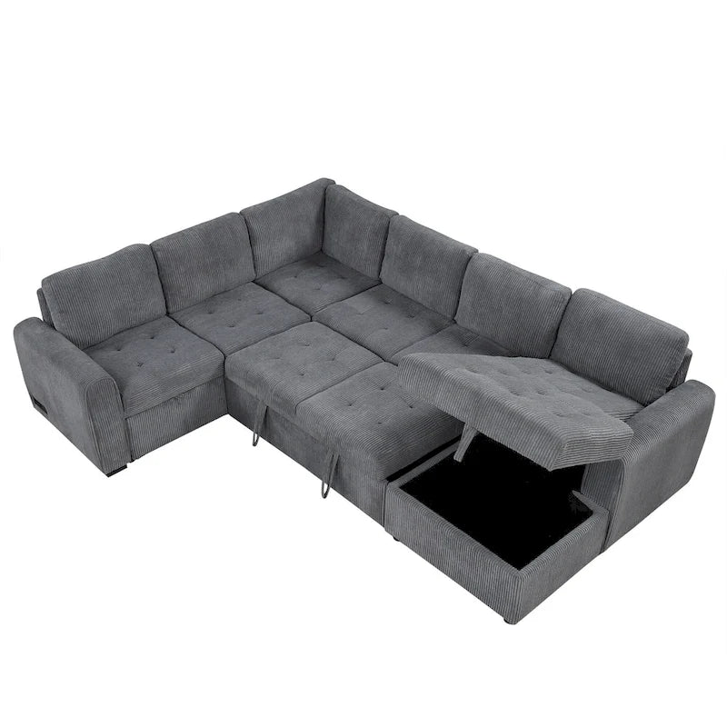 Divano Sezionale a U Grigio/Beige con Letto Estraibile, Contenitore e Ricarica USB, 6+ Posti a Sedere
