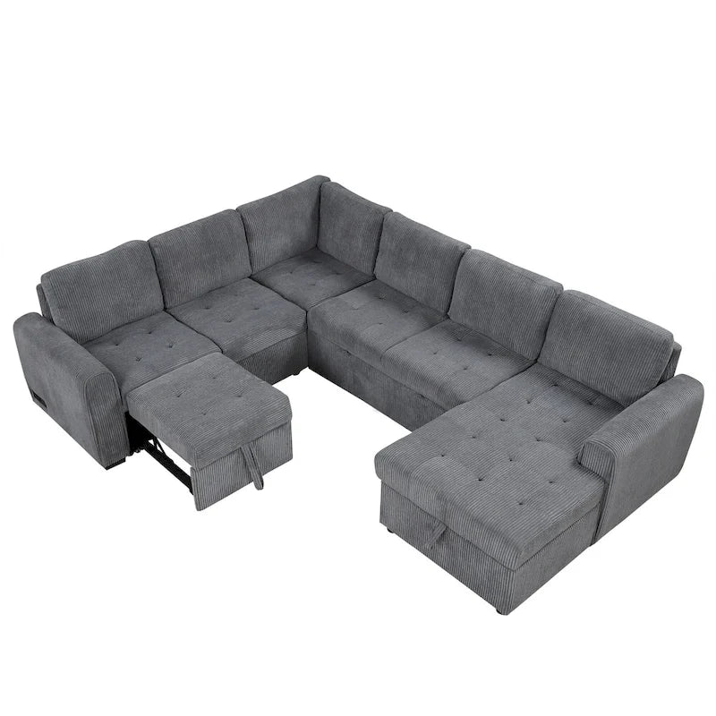 Divano Sezionale a U Grigio/Beige con Letto Estraibile, Contenitore e Ricarica USB, 6+ Posti a Sedere