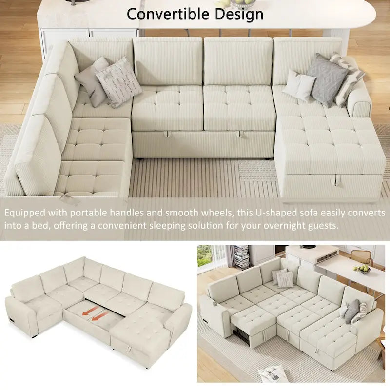 Divano Sezionale a U Grigio/Beige con Letto Estraibile, Contenitore e Ricarica USB, 6+ Posti a Sedere