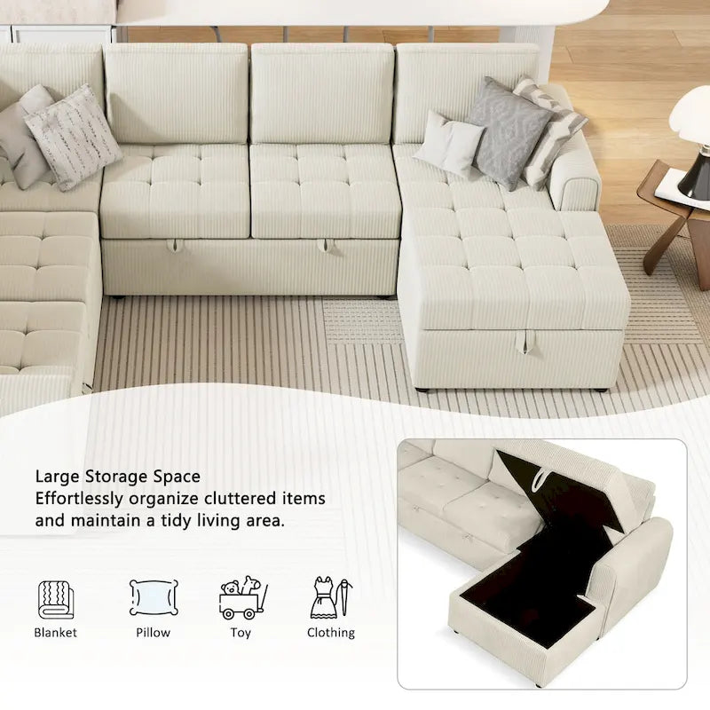 Divano Sezionale a U Grigio/Beige con Letto Estraibile, Contenitore e Ricarica USB, 6+ Posti a Sedere