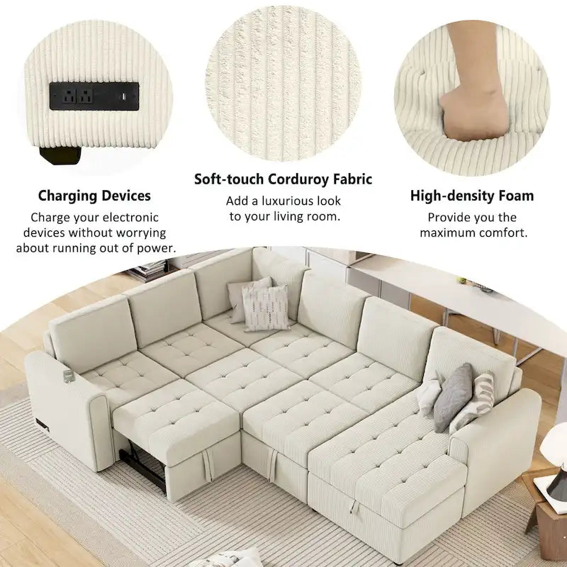 Divano Sezionale a U Grigio/Beige con Letto Estraibile, Contenitore e Ricarica USB, 6+ Posti a Sedere