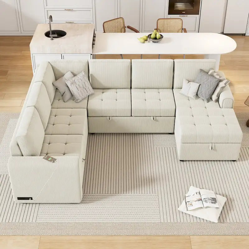 Divano Sezionale a U Grigio/Beige con Letto Estraibile, Contenitore e Ricarica USB, 6+ Posti a Sedere