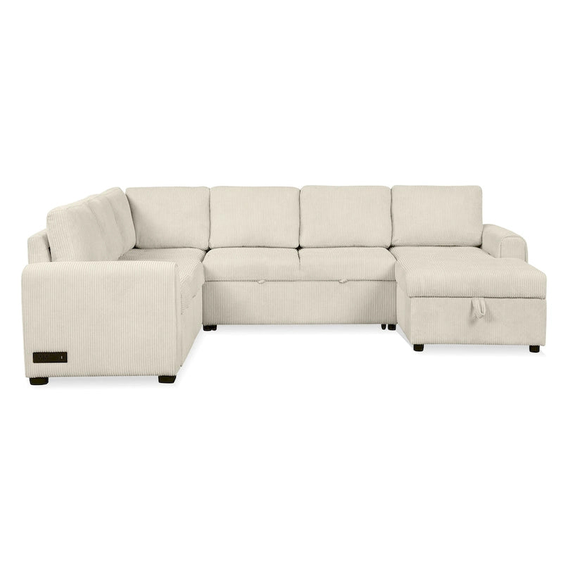 Divano Sezionale a U Grigio/Beige con Letto Estraibile, Contenitore e Ricarica USB, 6+ Posti a Sedere