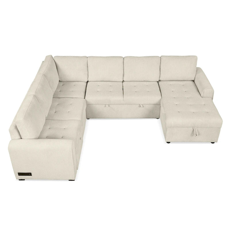 Divano Sezionale a U Grigio/Beige con Letto Estraibile, Contenitore e Ricarica USB, 6+ Posti a Sedere