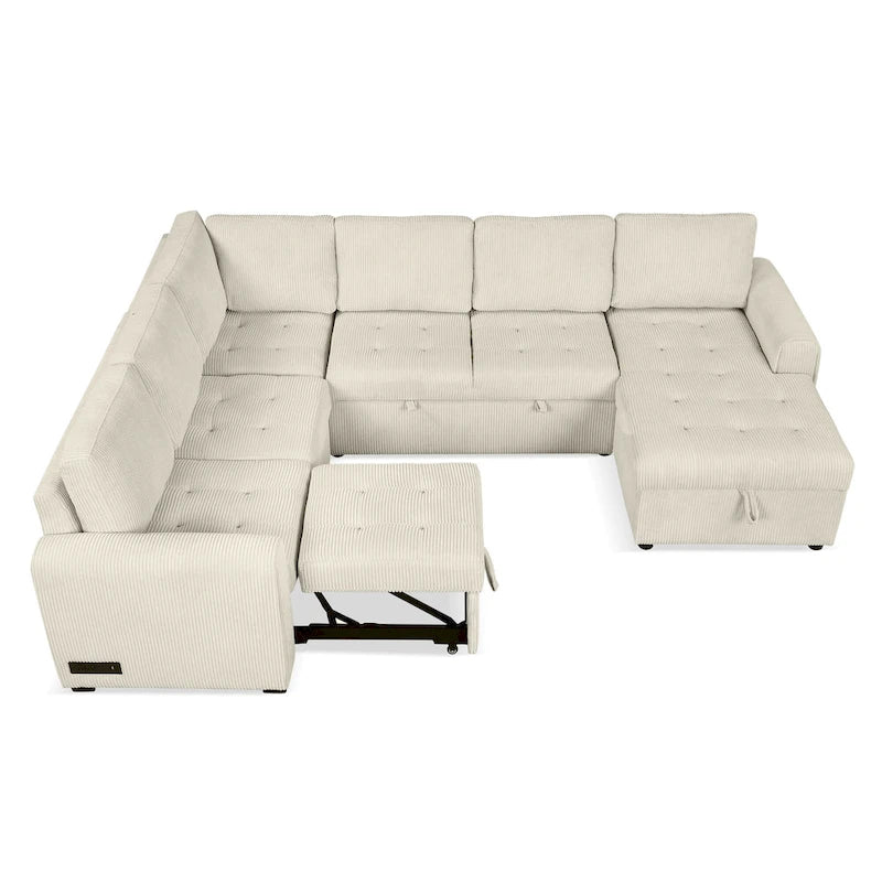 Divano Sezionale a U Grigio/Beige con Letto Estraibile, Contenitore e Ricarica USB, 6+ Posti a Sedere