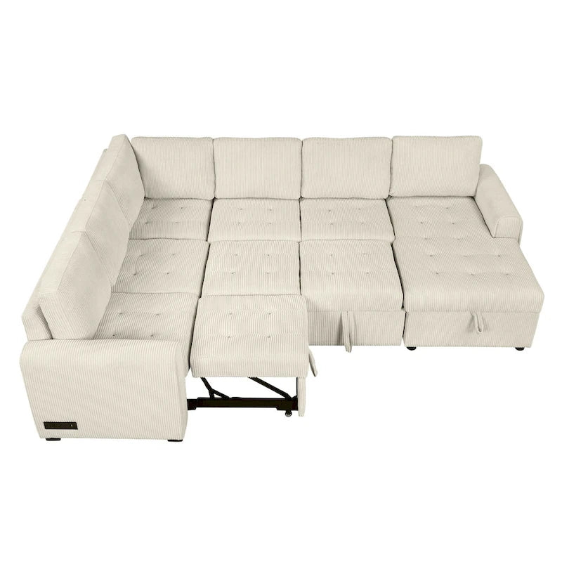 Divano Sezionale a U Grigio/Beige con Letto Estraibile, Contenitore e Ricarica USB, 6+ Posti a Sedere