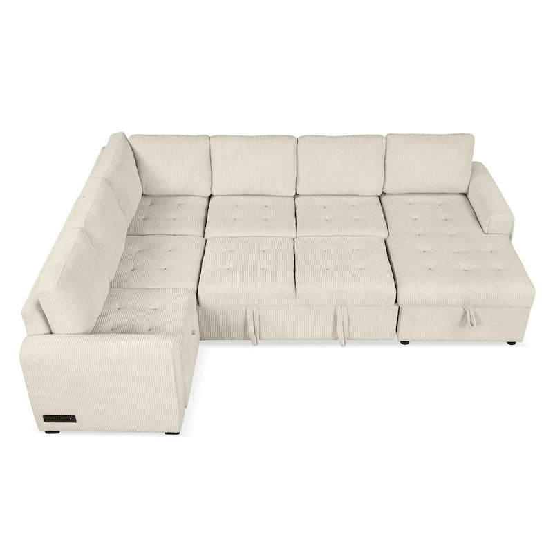 Divano Sezionale a U Grigio/Beige con Letto Estraibile, Contenitore e Ricarica USB, 6+ Posti a Sedere