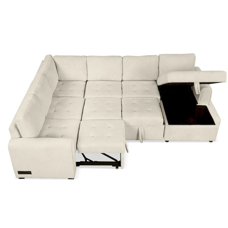 Divano Sezionale a U Grigio/Beige con Letto Estraibile, Contenitore e Ricarica USB, 6+ Posti a Sedere