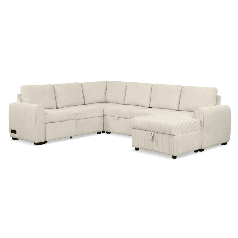 Divano Sezionale a U Grigio/Beige con Letto Estraibile, Contenitore e Ricarica USB, 6+ Posti a Sedere