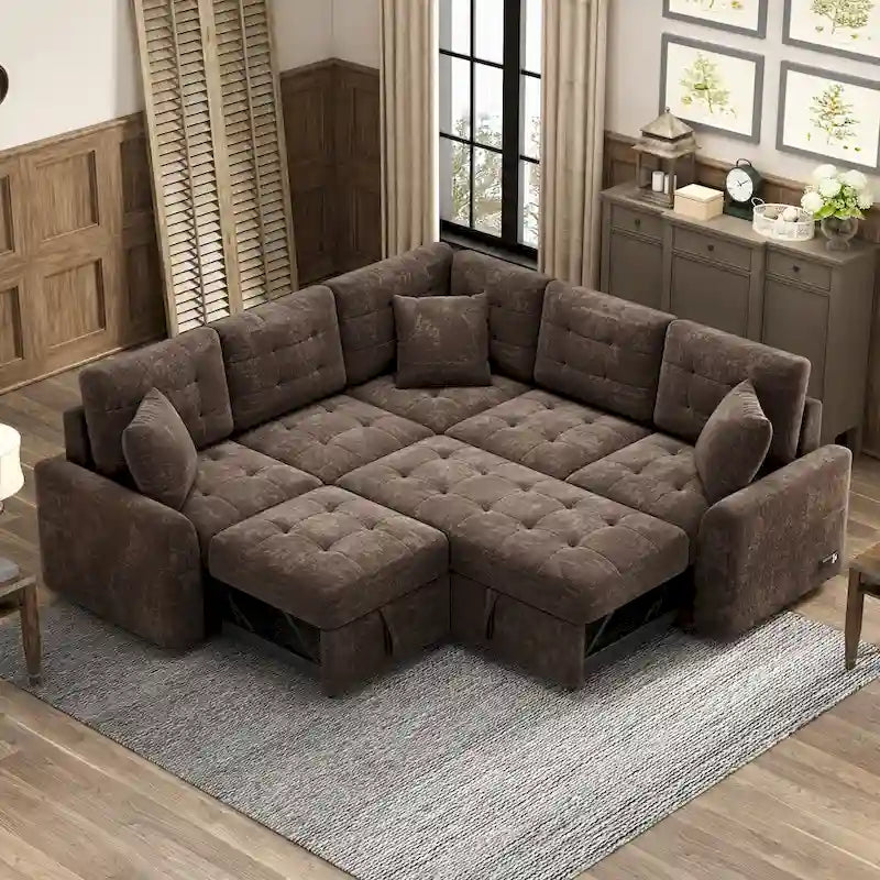 Divano letto angolare a L marrone/blu navy, 2-3 posti