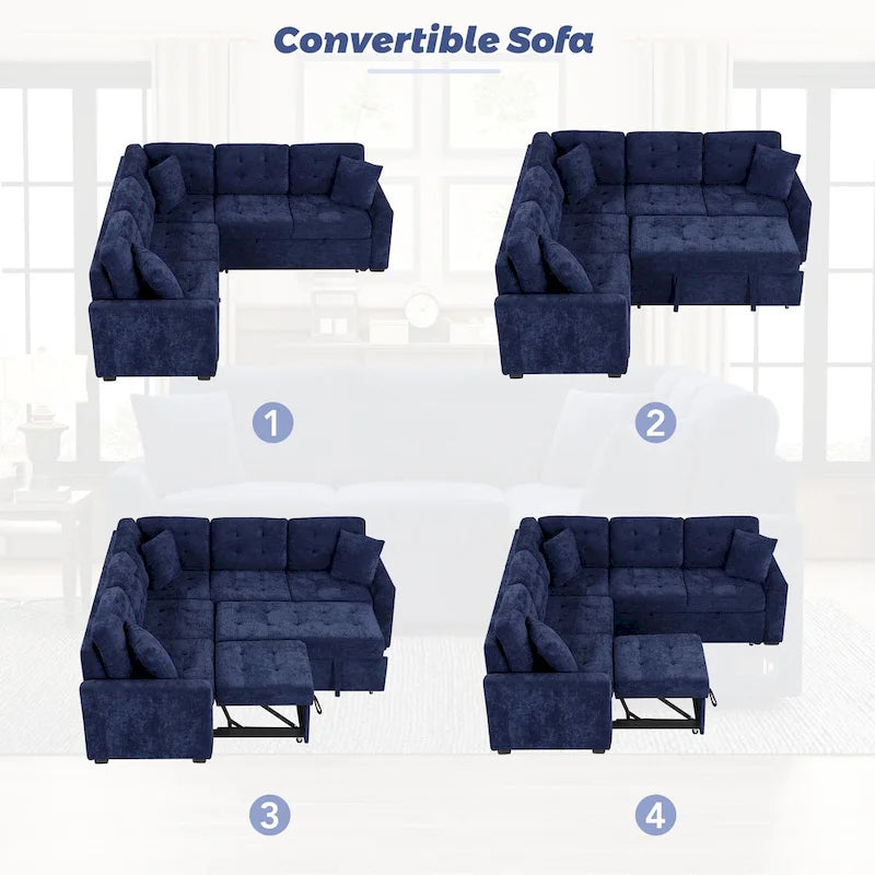 Divano letto angolare a L marrone/blu navy, 2-3 posti