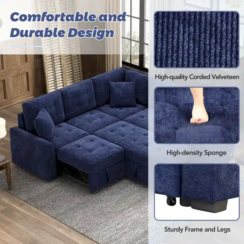 Divano letto angolare a L marrone/blu navy, 2-3 posti