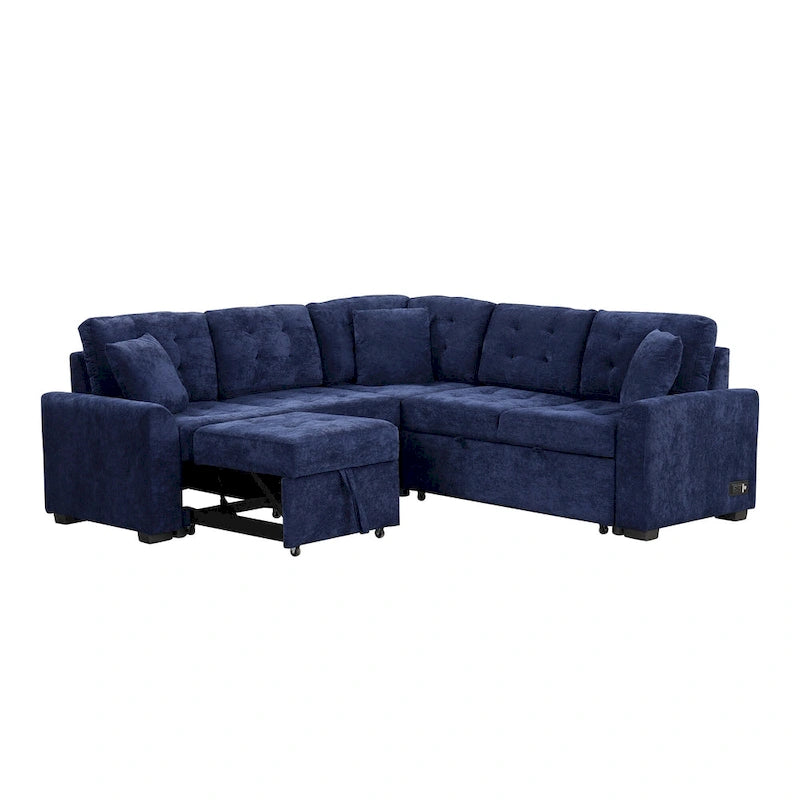 Divano letto angolare a L marrone/blu navy, 2-3 posti