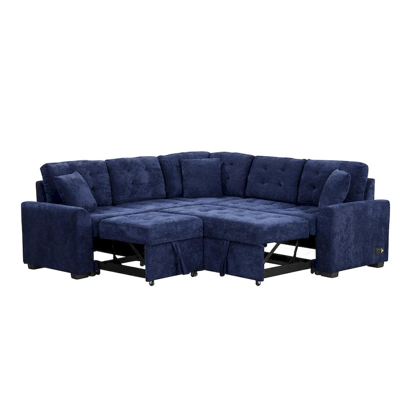 Divano letto angolare a L marrone/blu navy, 2-3 posti