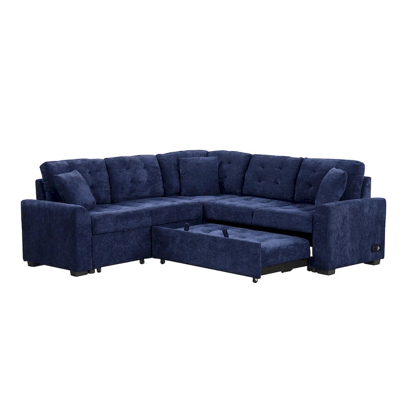Divano letto angolare a L marrone/blu navy, 2-3 posti