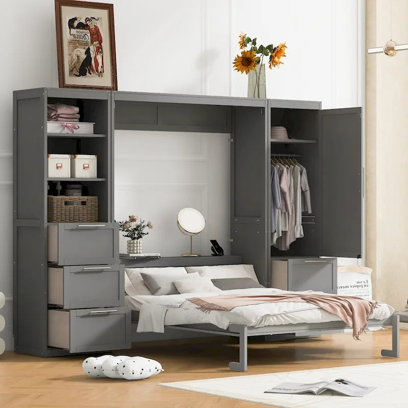 Letto a scomparsa matrimoniale/matrimoniale alla francese grigio/bianco con armadio e cassetti, per 1 persona