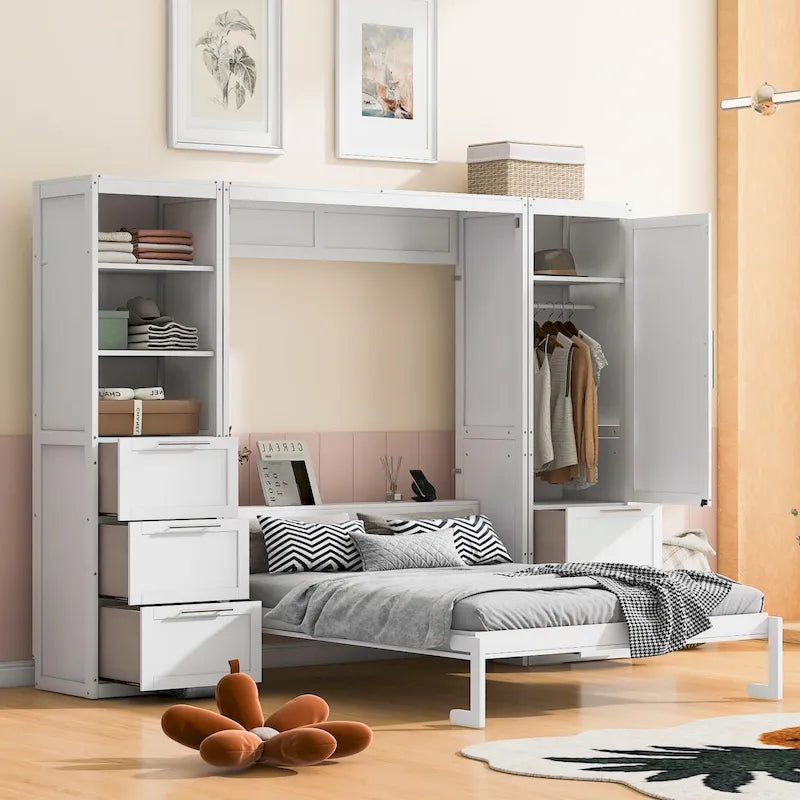 Letto a scomparsa matrimoniale/matrimoniale alla francese grigio/bianco con armadio e cassetti, per 1 persona