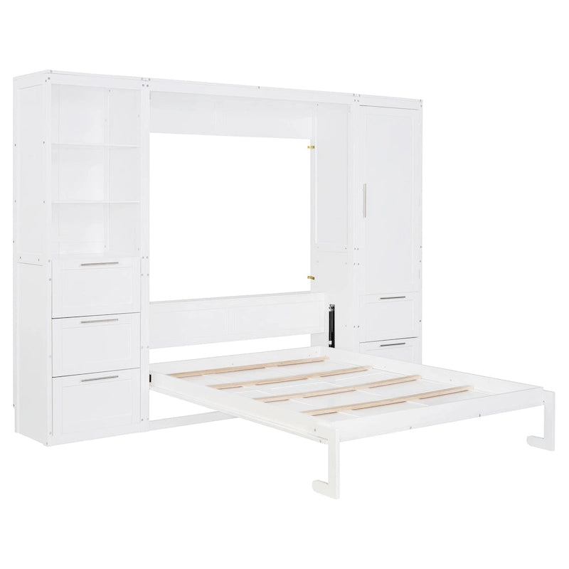 Letto a scomparsa matrimoniale/matrimoniale alla francese grigio/bianco con armadio e cassetti, per 1 persona