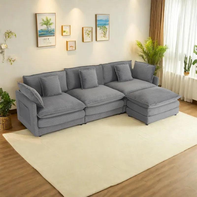 Divano componibile a L in velluto a coste grigio/blu/beige/marrone, 4 posti