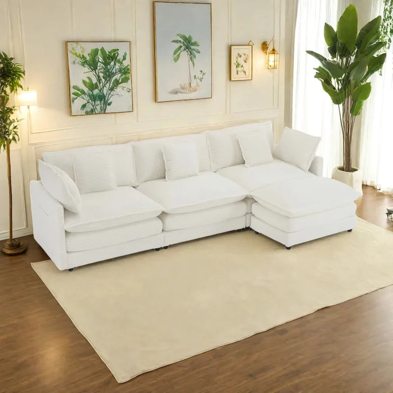 Divano componibile a L in velluto a coste grigio/blu/beige/marrone, 4 posti