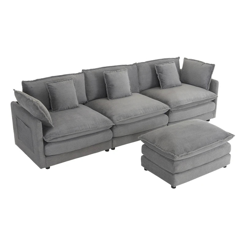 Divano componibile a L in velluto a coste grigio/blu/beige/marrone, 4 posti