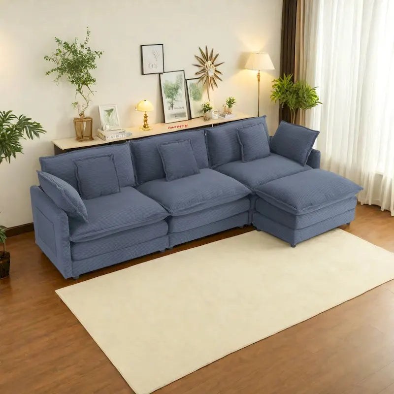 Divano componibile a L in velluto a coste grigio/blu/beige/marrone, 4 posti