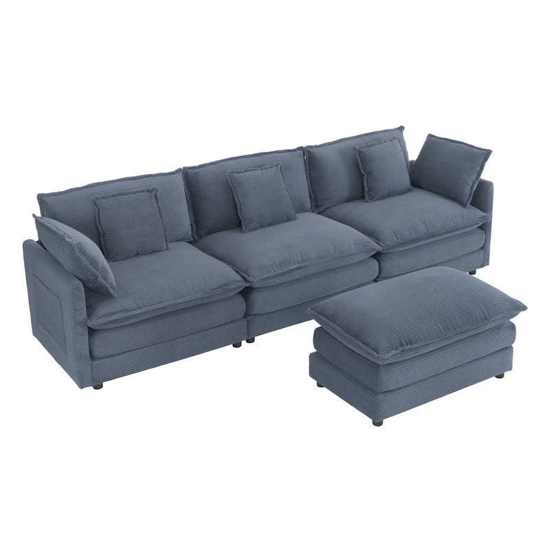 Divano componibile a L in velluto a coste grigio/blu/beige/marrone, 4 posti