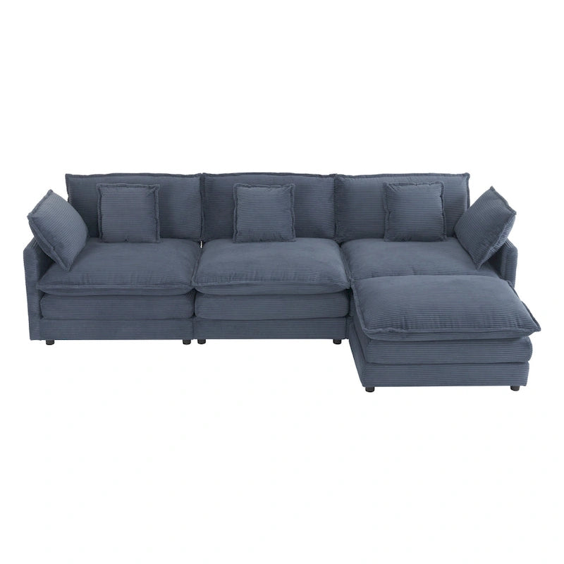 Divano componibile a L in velluto a coste grigio/blu/beige/marrone, 4 posti