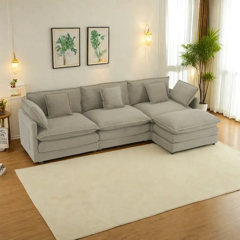 Divano componibile a L in velluto a coste grigio/blu/beige/marrone, 4 posti