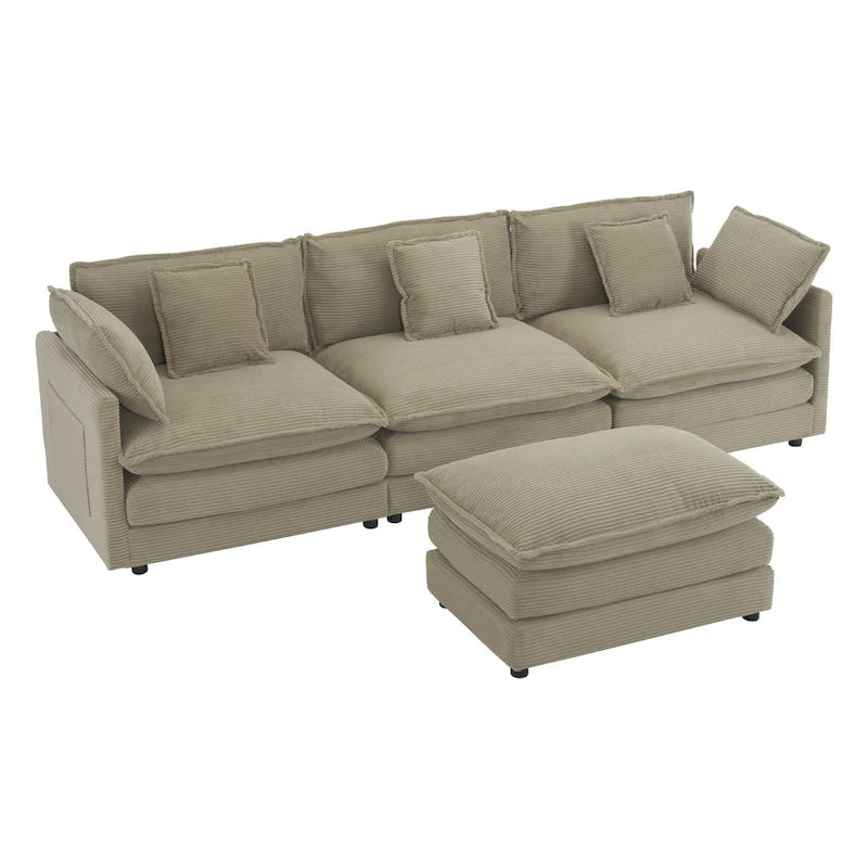 Divano componibile a L in velluto a coste grigio/blu/beige/marrone, 4 posti