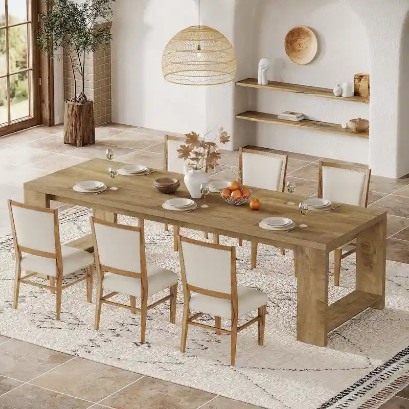 Tavolo da Pranzo Rettangolare in Legno Naturale per 8 Persone, Stile Minimalista