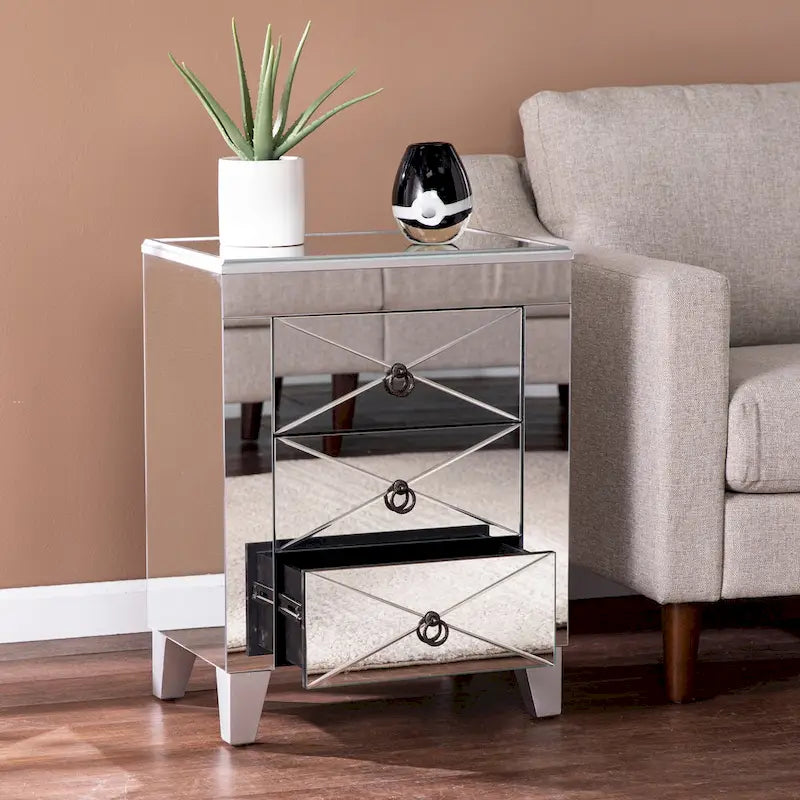 Comodino con 3 cassetti a specchio Silver Mirror Glam per 1
